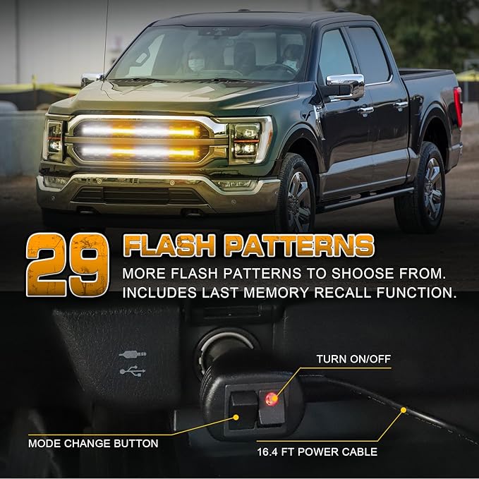 XRIDONSEN 2PCS 24 inch Truck Grill Strobe Lights Strip 288 LED Emergency Tailgate/Rear window/Grille Lights Amber White Flashing Warning Caution Safety Lights for Tow Plow Trucks Construction Vehicles