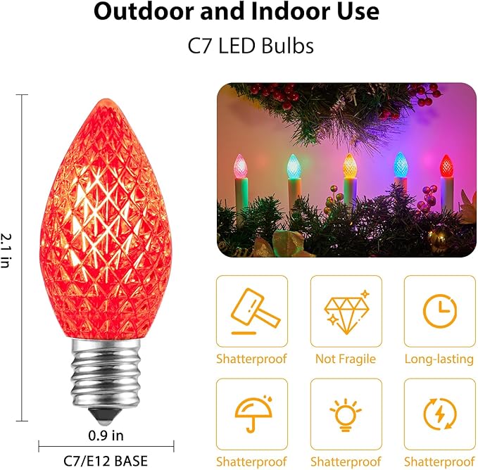 Minetom 50 Pack C7 Led Christmas Replacement Light Bulbs, C7 Shatterproof Christmas Led Bulbs for Christmas String Lights, E12 Candelabra Base, Commercial Grade Dimmable Holiday Bulbs, Multicolor