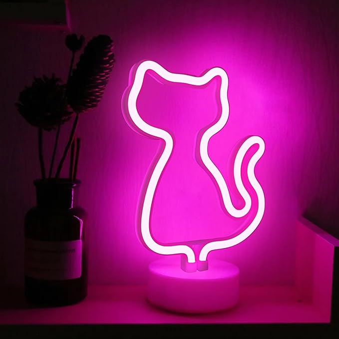 Valentine's Day Gifts for Girls: Cat Neon Signs with Holder Base - USB & Battery Powered Cute Pink Cats Led Neon Light Kids Room Decor, Led Light for Home, Girls Bedroom, Office, Party, Birthday Gifts
