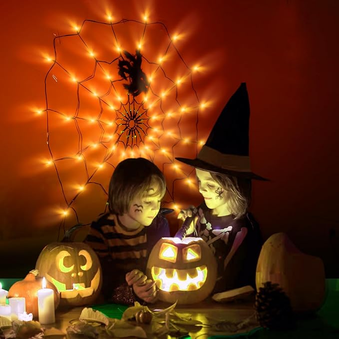 Halloween Decorations Spider Web Lights - 2 Pcs Light Up Spider Web, 4FT Diameter 70 LED with Black Spider, Waterproof, Remote Control, 8 Modes Cobweb Halloween Decorations (Purple+Orange)
