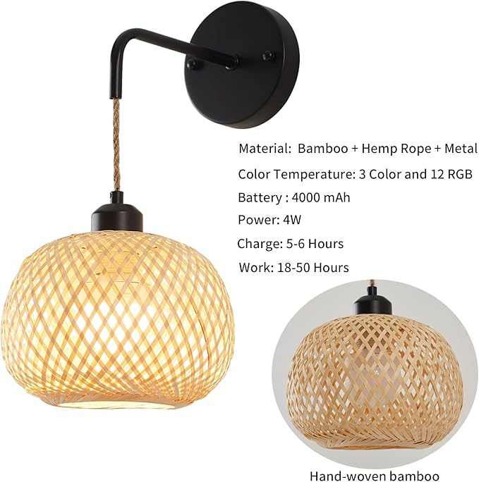 Battery Operated Wall Sconce Set of Two, Bamboo Rechargeable Wireless Sconces with Remote, Dimmable Non-Hardwired Farmhouse Boho Wall Lights for Bedroom Living Room (Black,8 inches)