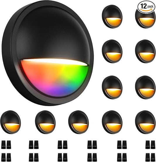 Outdoor RGB Fence Lights Wired, 3W 12V Wired LED RGB Color Changing Low Voltage Fence Lights for Outdoor Deck Post Stair Step Railing, IP65 Waterproof, ETL, Black, 12PK