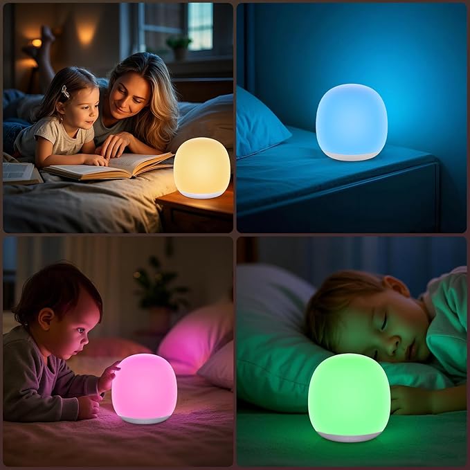 Baby Night Light, Nursery Night Lamp with 8 RGB Colors Changing, Soft BPA Free Silicone Touch Night Light for Kids Room Breastfeeding, 1h Timer, Rechargeable & Stepless Dimming