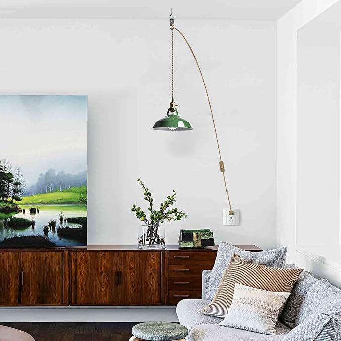 YUBOLE Modern Green Plug-in Pendant Light,Macarons Kitchen Hanging Swag Lighting, Metal Barn Shade with On-Off Switch Plug Cord Light for Bedroom Foyer Dining Bar