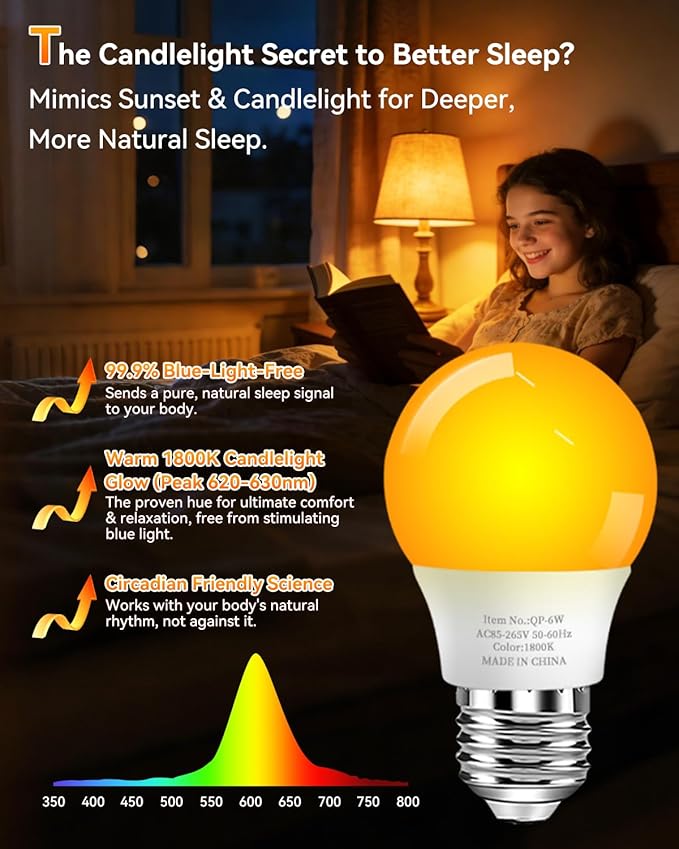 Neporal 1800K Amber Sleep Light Bulbs 8PK, 99.96% Blue Blocking Soft Warm Light Bulbs for Melatonin Promoting, A15 6W 40W Equivalent Amber Night Light E26 for Bedroom, Baby Nursery, Reading