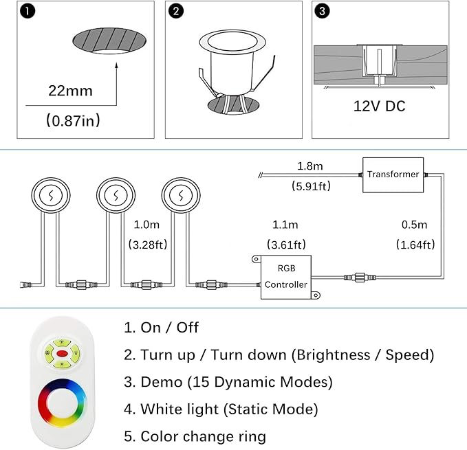 LED Outdoor Deck Lights with Photocell, Φ1.18in RGB 20 Pack Black, Low Voltage 12V IP67 Waterproof, Multi Color Changing Remote, Electric Wired Recessed Stair Step Landscape Lighting for Yard