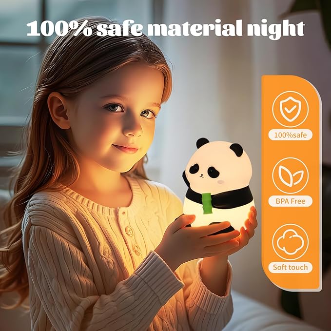 Panda Silicone Night Light for Kids, 50+ Hours Long Battery Life Squishy Touch Lamp with Auto Off Timer, Cute Rechargeable Nightlight for Toddler Baby Nursery Easter Gift