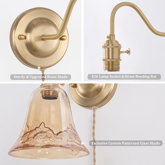 Plug in Wall Sconce Set of 2, Gold Vintage Wall Decor Lights with Amber Morning Glory Glass Shade, Indoor Brass Corded Wall Lamp Fixture for Bedroom Living Room Bathroom Hallway