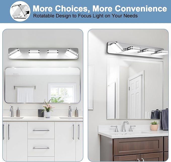 1600LM LED Modern Bathroom Vanity Light Fixtures, 360° Rotate Acrylic Chrome Vanity Lights for Bathroom, Modern Wall Lighting Fixtures Over Mirror Kitchen Living Room (Natural White Light 5000K)
