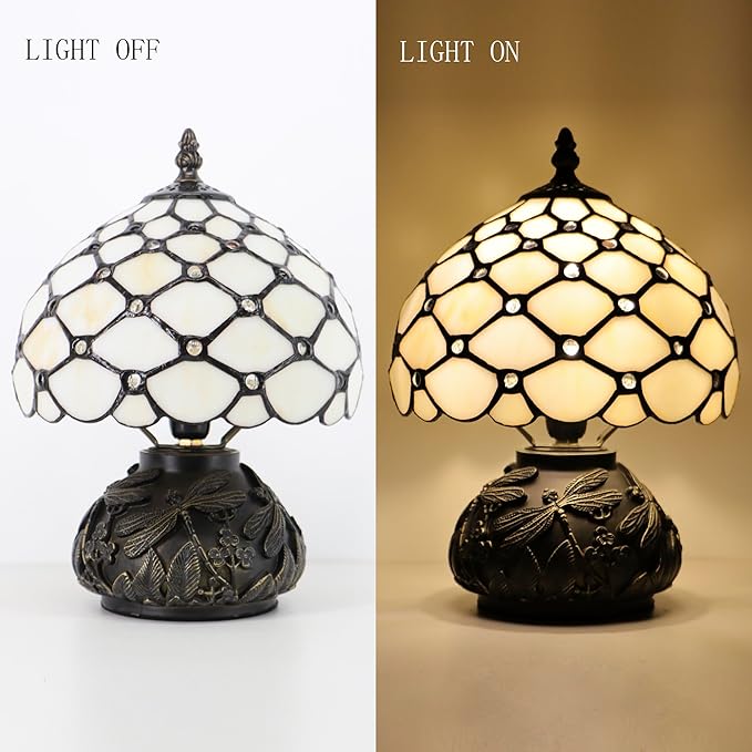 Small Tiffany Mushroom Table Lamp,Mini Memory Sympathy Antique lamp 8X11 Inch (Cream Bead)