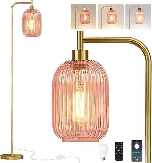 Pink Floor Lamp for Living Room,Bedroom,Gold Dimmable Standing Lamp with Remote,Mid Century Modern Brass Tall Lamp Retro Vintage Glass Lamp Floor Light Boho Bohemian