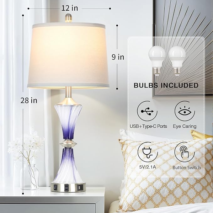 Purple Glass Table Lamp Set of 2 with USB C+A Ports & AC Outlet, Bedside Lamp, Modern Bedroom Lamps, Crystal Lamp for Night Stands Bedroom Living Room,Nightstand Lamp LED Bulbs Included