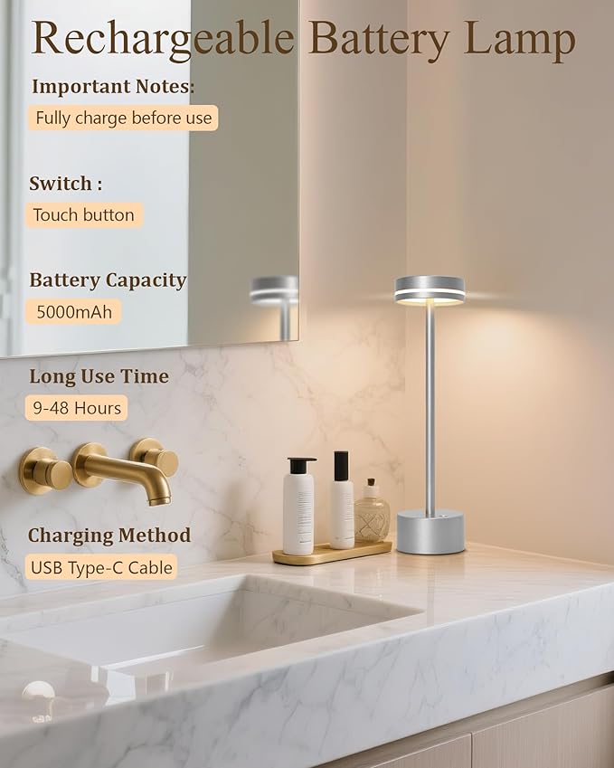 2 Pack LED Cordless Table Lamp Rechargeable, 5000mAh Portable Battery Operated LED Desk Lamp, 3 Color Dimmable Table Light for Reading/Home Office/Dining/Nightstand for Home Décor – Silver