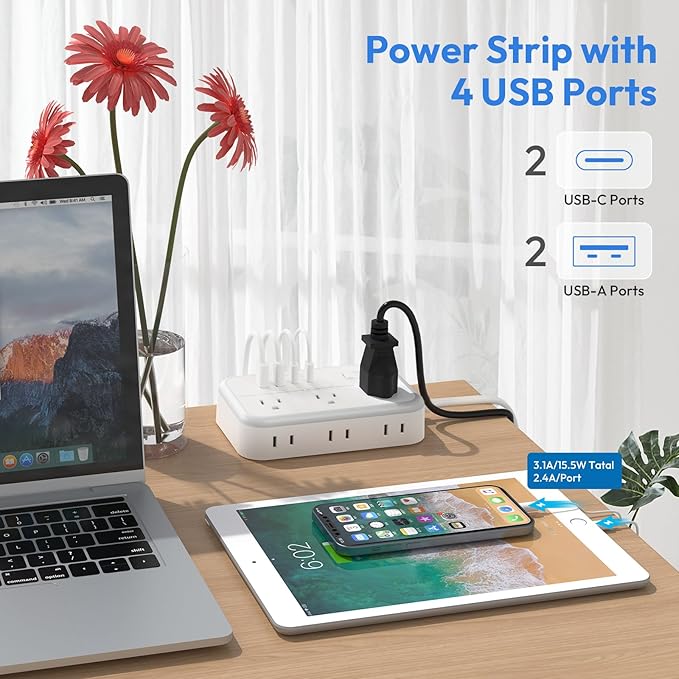 NTONPOWER Power Strip with 6 Outlets 4 USB Charging Station(2 USB C Port), 5 Ft Flat Plug Extension Cord, Outlet Extender for Indoor, Home, Office Supplies, Dorm Room Essentials