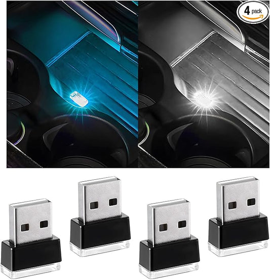 4 PCS USB LED Car Interior Atmosphere Lamp, Portable Plug-in 5V USB Car LED Interior Lighting Night Lamp, Mini USB Ambient Lighting Decor for Home Car Laptop Keyboard (White+Ice Blue)