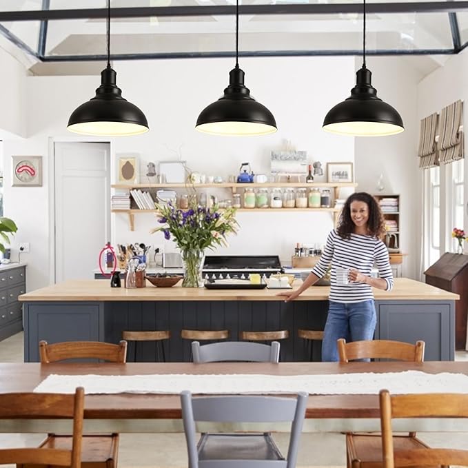 Pendant Lights, Farmhouse Pendant Lamp with Metal Shade (White Inside), Matte Black Industrial Pendant Lighting for Kitchen Island, Dining Room, Bedroom, Hallway