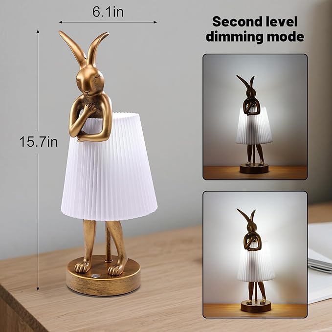 Bunny Cordless Table Lamp with 5000mAh Battery,Rechargeable Resin Rabbit Lamp with Pleated Shade Stepless Dimmable LED Small Cute Animal Light for Kids Room Home Decor Adult Gift(White)