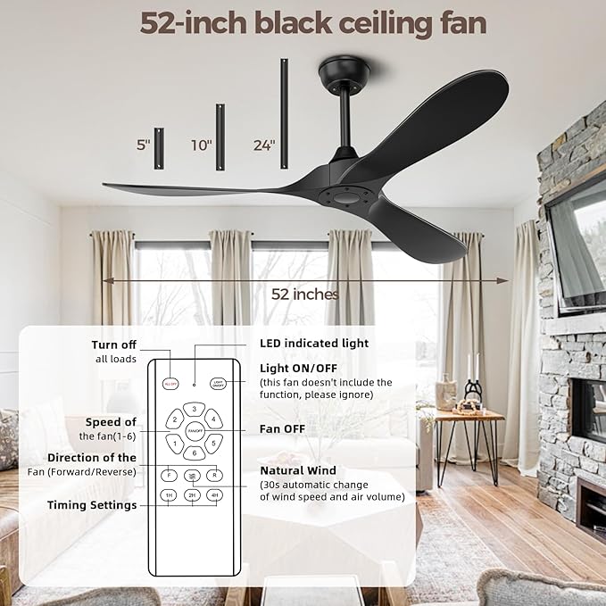 Black Ceiling Fan No Light, 52 in OutdoorCeiling Fans with Remote Control without Light, 3 Blades, 6 Speed Reversible DC Motor Modern for Patios, Kitchen, Bedroom, Porch (Black)