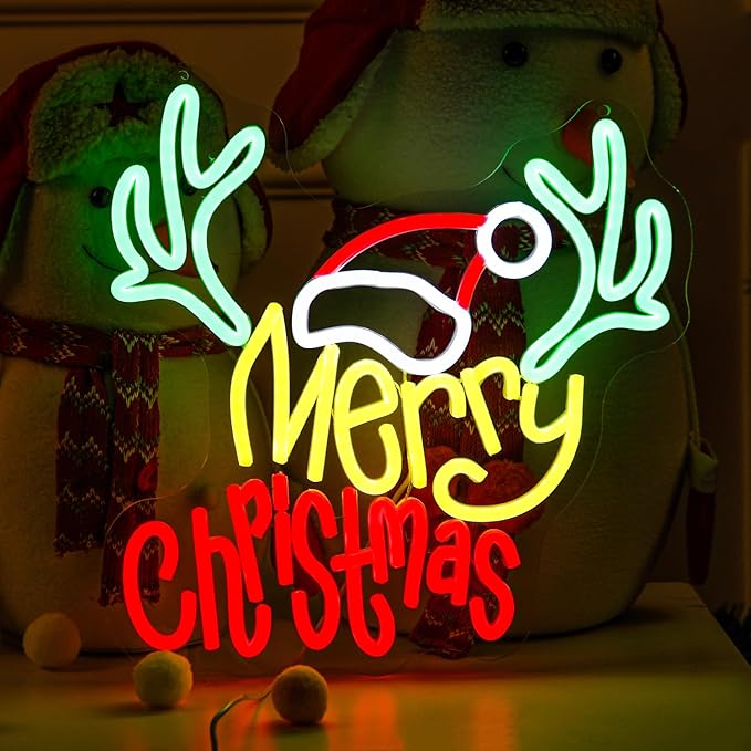Merry Christmas Neon Sign with Deer Antlers and Santa Hat, Cute Happy New Year Decor for Home, Holiday Party Decorations, Xmas Lights for Wall Window Bar
