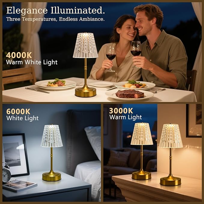 Touch Cordless Table Lamp Rechargeable, 3600mAh Battery Operated Small Crystal Lamp, 3 Color Dimmable Vintage Gold Table Light for Bedroom/Kitchen/Gift for Home Décor ((Luxury Style)