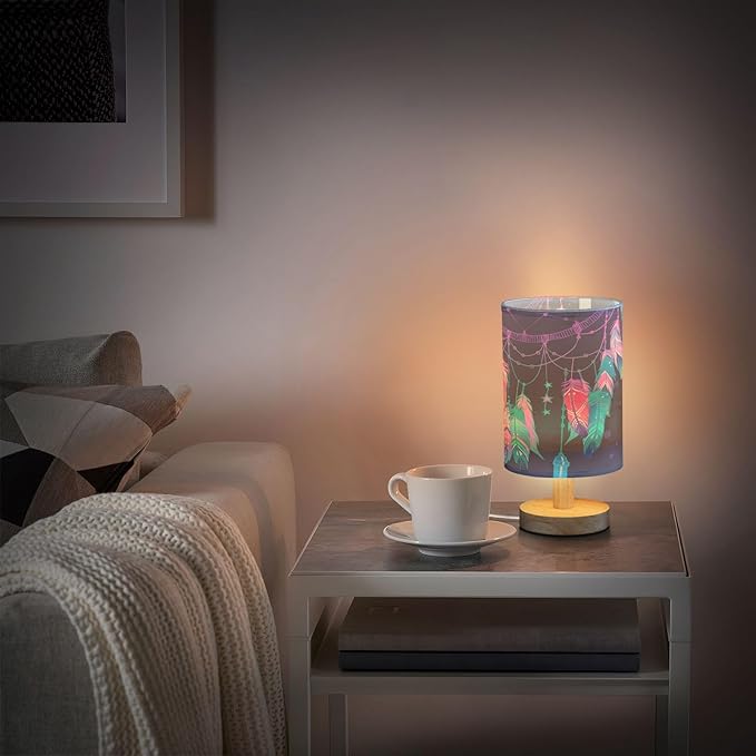 Table Lamp Dream Catcher Native American Indian Blue Blur Dot Dreamcatcher Nightstand Lamp with Wood Base Fabric Lamp Shade Bedside Desk Lamp for Living Room Bedroom Kids Room Office