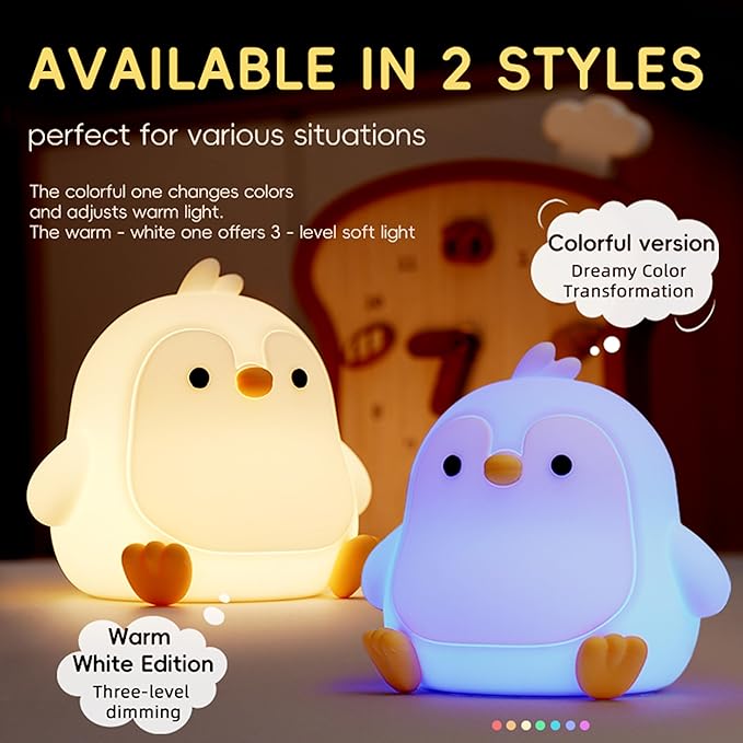 Led Cute Penguin Night Light, Dimmable Timer Nursery Kawaii Lamps, Super Squishy Silicone USB Rechargeable Touch Control Bedside Lamp, Used for Camping Party Room Decor(Penguin)