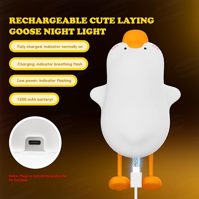 Goose Night Light for Kids, 8 Colors Silicone Cute Duck Lamp, Lying Flat Duck Nightlight, 3 Level Dimmable Kids Nightlight, Timer Rechargeable Bedside Touch Baby Night Lamp, Xmas Birthday Gifts