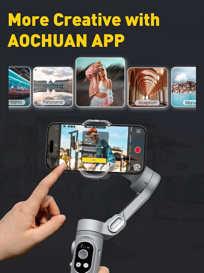 AOCHUAN Gimbal Stabilizer for Smartphone with Face/Object Tracking for iPhone 15 14 Pro Max Android,3-Axis Foldable Phone Gimbal w/Built-in Light,1/4 Threads for TikTok YouTube Vlogging(Smart X Grey)