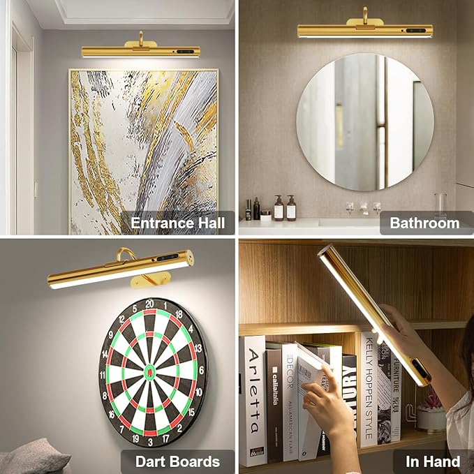 Wireless Rechargeable Picture Light, Battery Operated Art Wall Sconce with Remote Control, Magnetic Dimmable LED Picture Frame Lighting for Paintings Mirror Portrait Gallery Dart Board Indoor - Brass