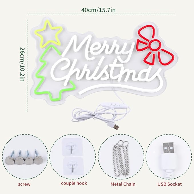 Merry Christmas Neon Sign Dimmable Christmas Neon Lights Xmas Wall Decor USB Powered Led Lights Xmas Party Bar Pub Club Winter Holiday Home Living Window Bedroom Festival Gift Decorations