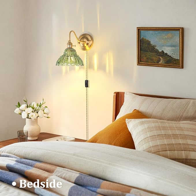 Plug in Wall Sconce Set of 2, Gold Vintage Wall Lights with Green Lily Glass Shade, Indoor Brass Corded Wall Lamp Fixture for Bedroom Living Room Bathroom Hallway