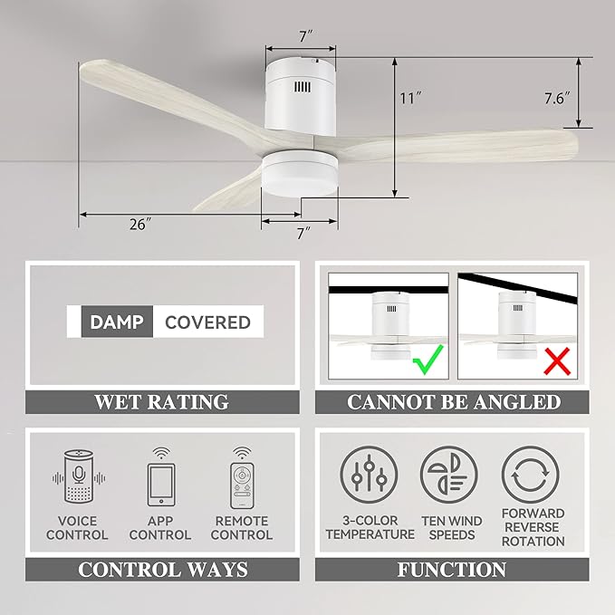 SMAAIR 52 Inch Flush Mount Smart Ceiling Fan with Dimmable Led Light, 3 Carved Wood Blades Modern Low Profile Ceiling Fans Compatible with Alexa,Remote Control,Timer & Schedule Function,White