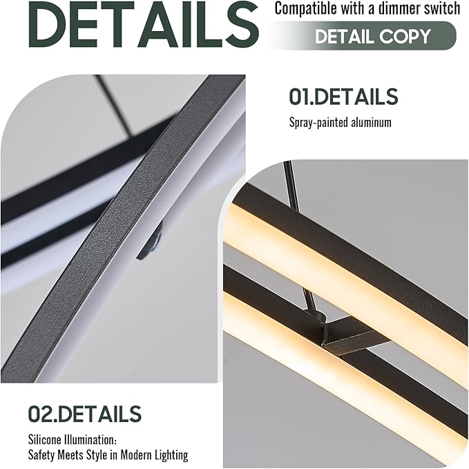 48" Modern LED Chandelier 4-Light Island Light Black Linear Chandelier for Kitchen Island Dining Room 45W Dimmable Modern LED Chandelier with Remote Control
