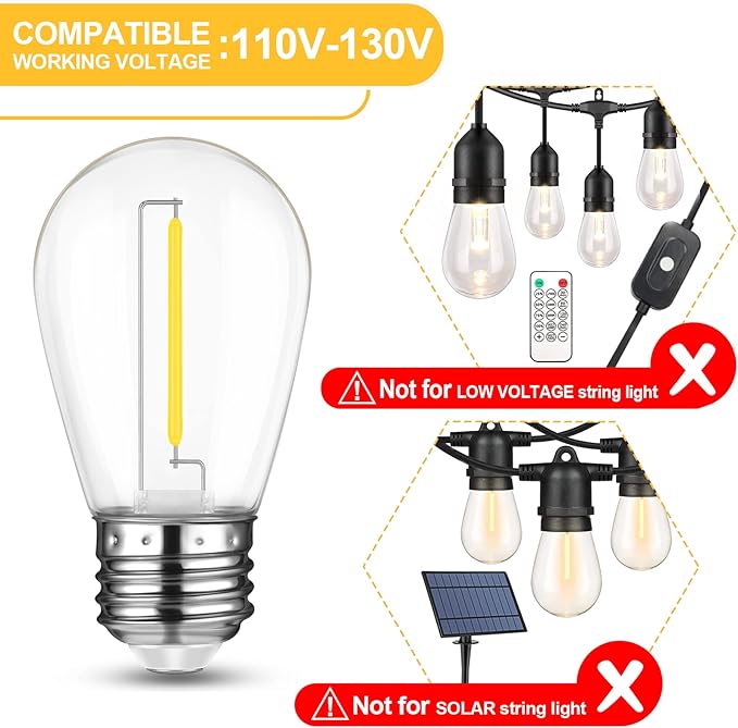 Mlambert 24 Pack LED String Light Bulbs,Shatterproof Outdoor String S14 Replacement Light Bulbs 2700K,Waterproof 1W Equal to 11W,Not Solar