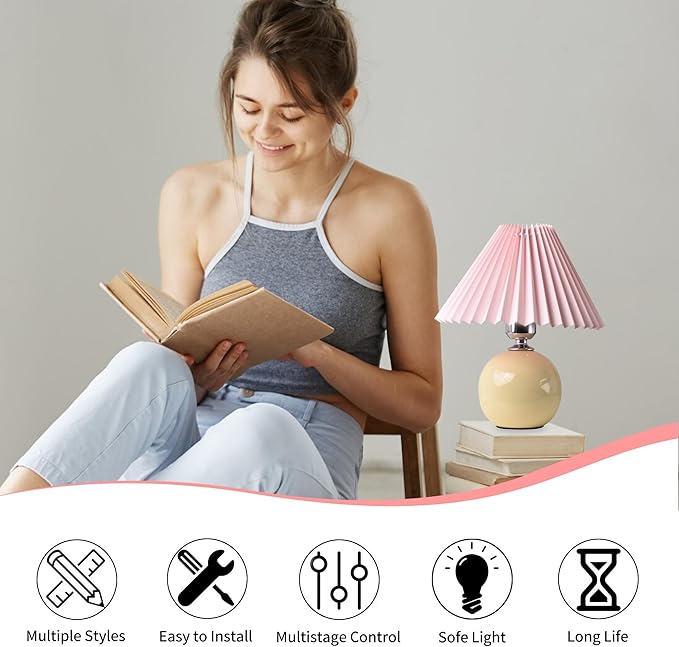 Korean Pleated Table Lamp Ins DIY Ceramic Table Lamps for Living Room Home Deco Cute Lamp with Tricolor Led Bulb Beside Lamp…