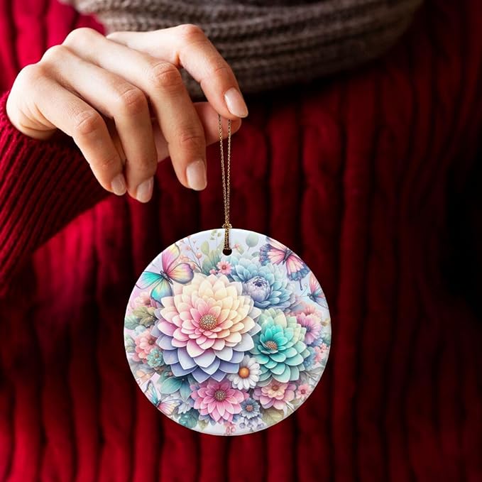 Rainbow Flower Christmas Ornaments, Christmas Decorations Xmas Tree Hanging Ornaments, Round Ceramic Festive Keepsake Gift for Xmas Decorations Holiday Home Decor