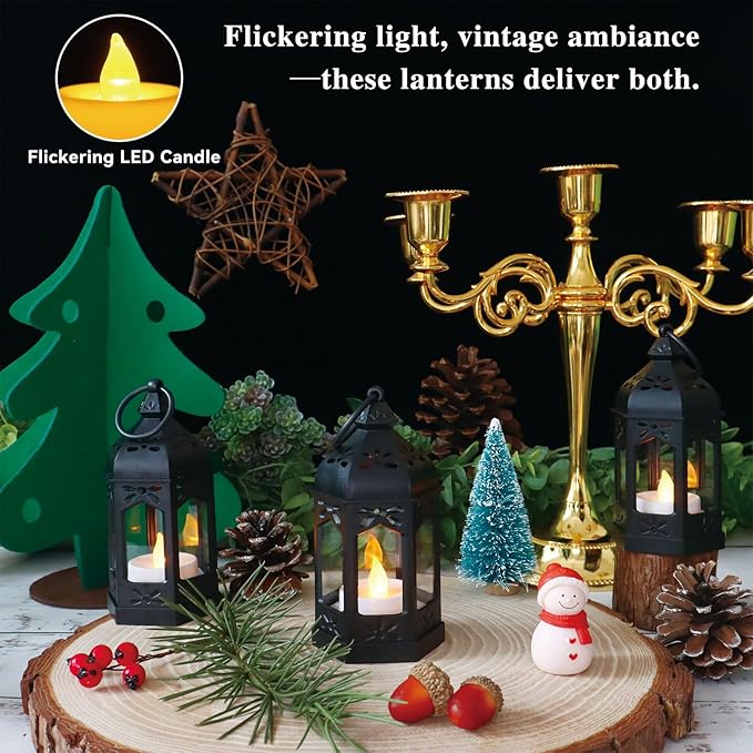 LLQ 12Pcs Mini Lanterns with Flicker LED Candle, Lanterns Decorative Indoor, Lantern Centerpieces for Tables, Vintage Decorative Lantern for Party Ramadan Halloween Christmas Wedding Decorations