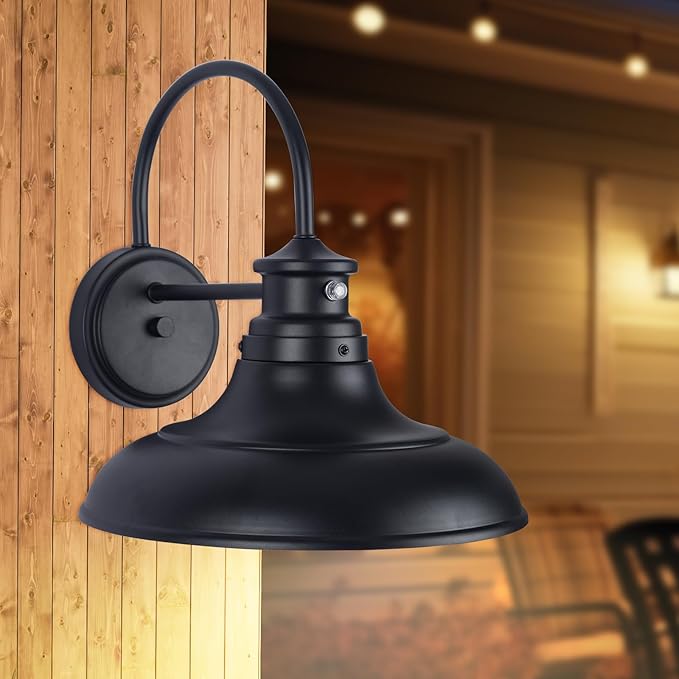 Dusk to Dawn LED Outdoor Barn Lights - 2 Packs Farmhouse Gooseneck Exterior Light Fixture Wall Mount, 12.25" Large Black Porch Lights, Outside Wall Lights for House Garage Patio Doorway