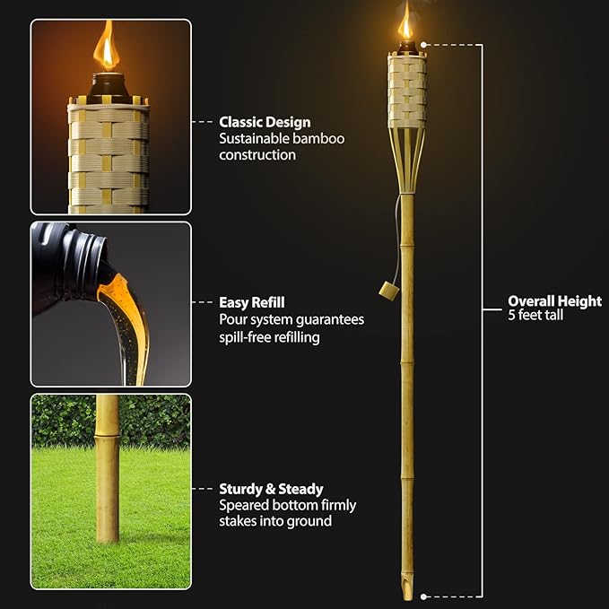 Matney Bamboo Torches for Outside Mosquitos Repellent - 5 Ft. Tall - (12 Pack) - Decorative Garden & Backyard Lights - Mosquito Torches Outdoor - Oil Lamp for Citronella - Flame Lasts Over 8 Hours