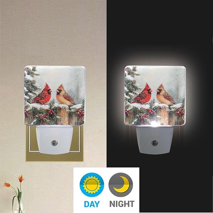 Christmas Winter Red Birds Night Light 2 Pack Dusk to Dawn Sensor Led Lamp for Women Men Night Lights Plug into Wall Decor for Bedroom Kitchen Bathroom Corridor, 0.5W