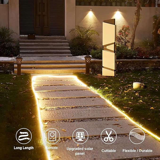 Solar Powered Strip Lights Outdoor Waterproof, 16.4Ft 320 LED Strip Lights with Remote, Timer, 8 Modes, Cuttable, Strip Lights for Cabinet Stair Patio Walkway Decor (Warm White)