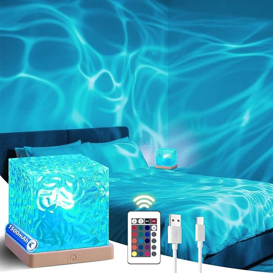 Ocean Wave Lights Projector Rechargeable, Touch Cube Color Changing Light with 16 Colors 4 Modes Dimmable Cordless Mood Lamp for Shower, Ambient Lighting for Bedroom and Bathroom