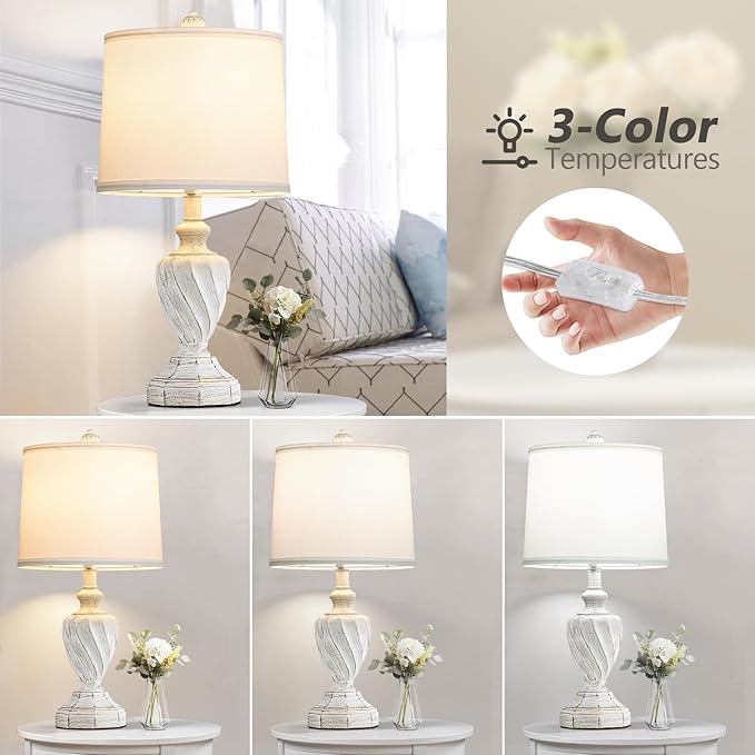 22.4" Farmhouse Table Lamps for Bedrooms Set of 2, Rustic Resin End Table Lamps for Living Room Gold Trim Base, Bedside Nightstand Lamps, Bulbs Included