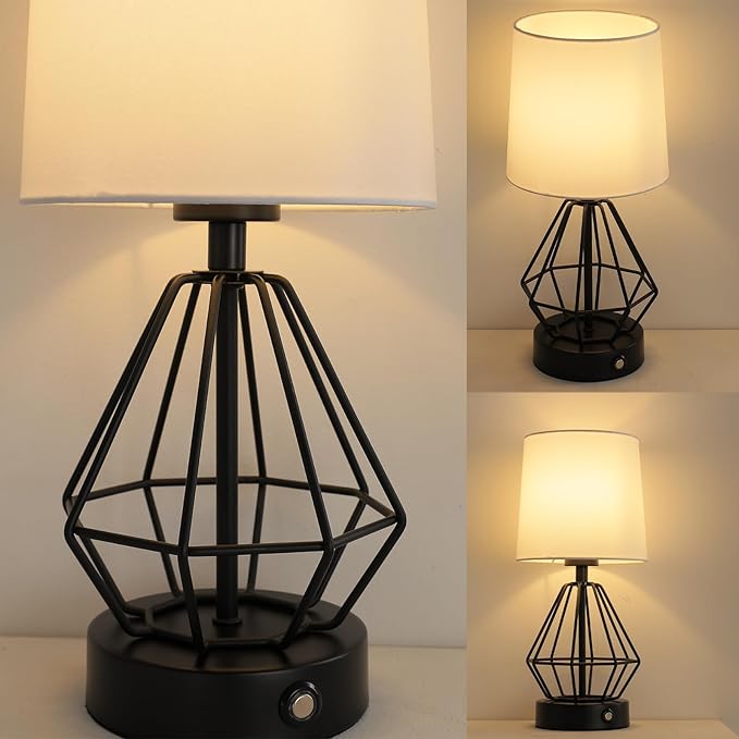 8000mAh Rechargeable Battery Table Lamp,Black Cordless Lamp Set of 2,Touch Stepless Dimming,Black Cage Frame Wireless Lamp,White Lampshade,14.7inches Tall