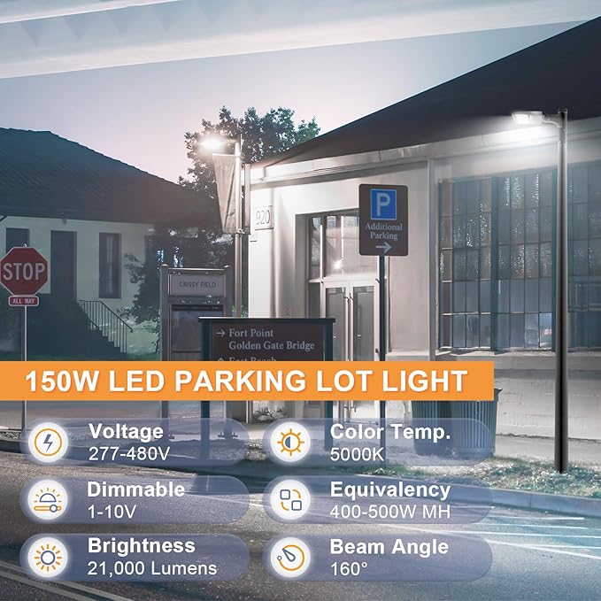 480V 150W LED Parking Lot Light, 21000LM LED Shoebox Street Flood Light (500W MH/HPS Equiv.), 5000K Dimmable Commercial Area Lighting with 20KV Surge Protection, IP65 277-480V UL&DLC Listed