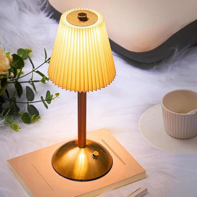 Liliful 1 Pcs Cordless Table Lamp Rechargeable Touch LED Small Gold Portable Battery Operated USB-c Desk Lamp 3 Color Dimmable for Bedroom Living Room Dining (Gold,Beige Cloth Style)