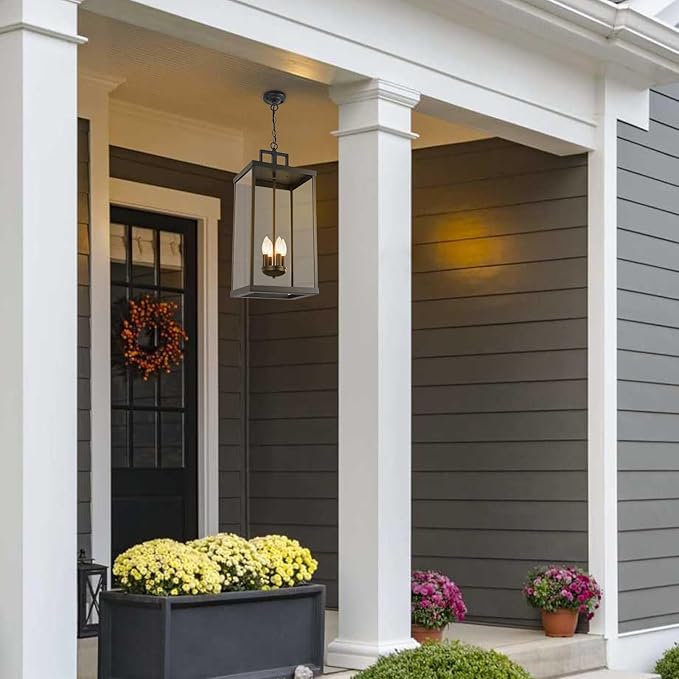 Outdoor Pendant Light, 25'' Large Hanging Lights Lantern Light, Modern Outside Chandelier with Clear Glass, Exterior Gazebo Light for Patio, Porch, Yard, Garage