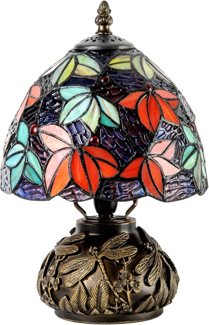 Tiffany Stained Glass Mushroom Table Lamp 8" Purple Blue Red Maple Leaf Floral Shade Nightstand Light for Bedroom Dorm Living Coffee Office Housewarming Gift (Purple Blue Maple Leaf)