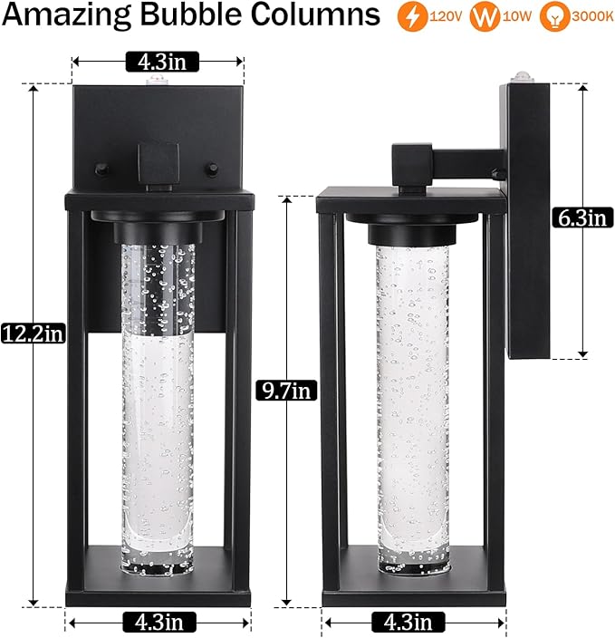 WIHTU Dusk to Dawn Porch Light, Sensor Outdoor Light Fixture for House with Crystal Bubble, Modern Matte Black Exterior Lighting Fixtures, 2 Pack Outside Lanterns for Garage Entryway
