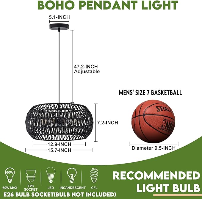 Black Boho Hanging Light Fixture Rattan Chandeliers Drum Pendant Lights for Dinning Room Wicker Chandelier Ceiling Hanging Light Basket Woven Chandelier for Bedroom Hallway Entrance Kitchen Island